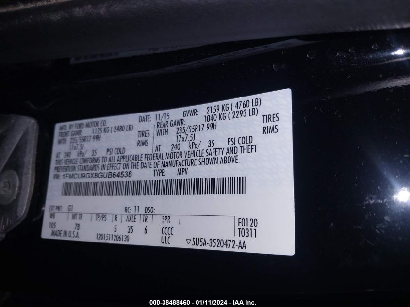 2016 FORD ESCAPE SE - 1FMCU9GX8GUB64538