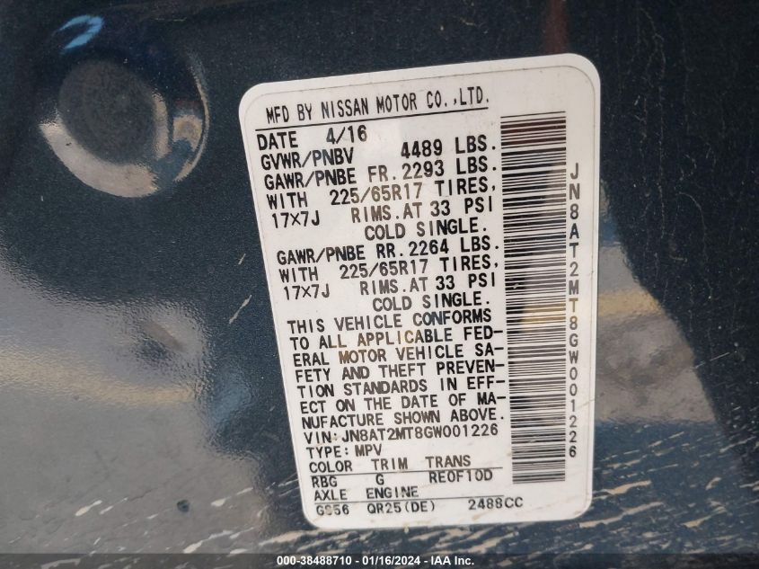 2016 NISSAN ROGUE S - JN8AT2MT8GW001226