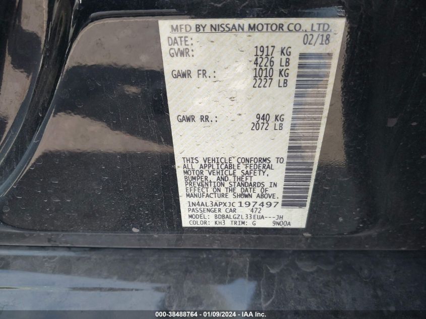 2018 NISSAN ALTIMA 2.5/S/SV/SL/SR - 1N4AL3APXJC197497