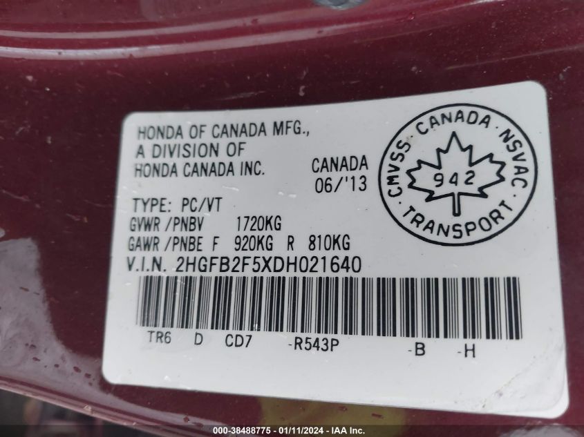 2013 HONDA CIVIC SDN - 2HGFB2F5XDH021640