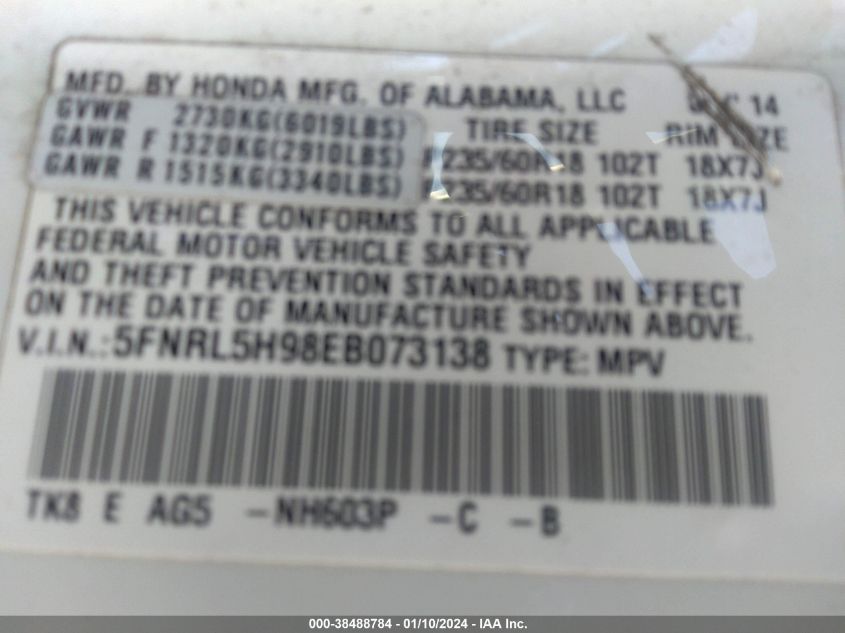 2014 HONDA ODYSSEY TOURING/TOURING ELITE - 5FNRL5H98EB073138
