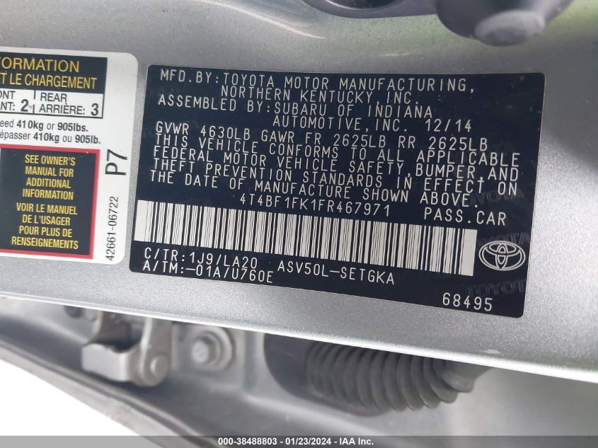 2015 TOYOTA CAMRY LE/XLE/SE/XSE - 4T4BF1FK1FR467971
