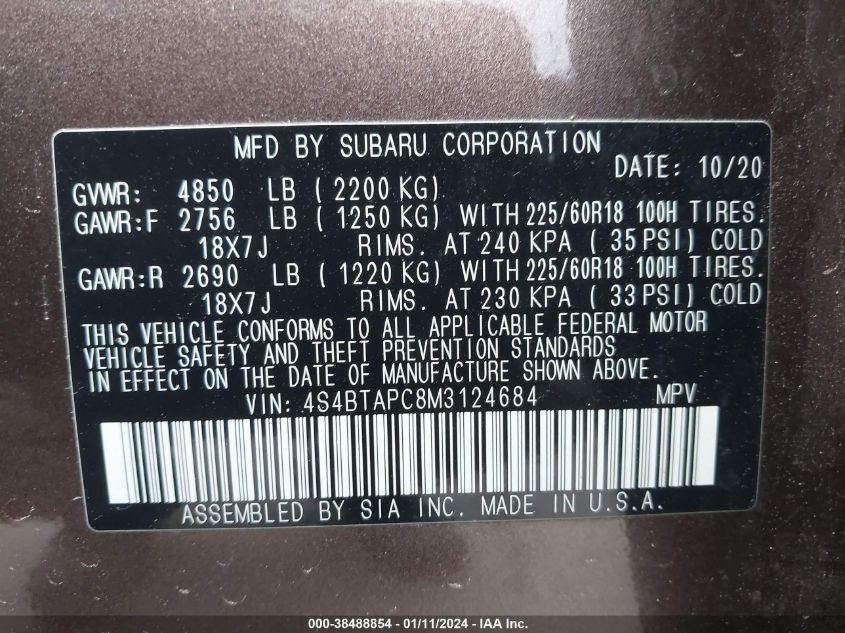 2021 SUBARU OUTBACK TOURING - 4S4BTAPC8M3124684