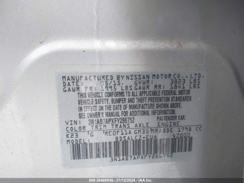 2015 NISSAN SENTRA S - 3N1AB7APXFY286752