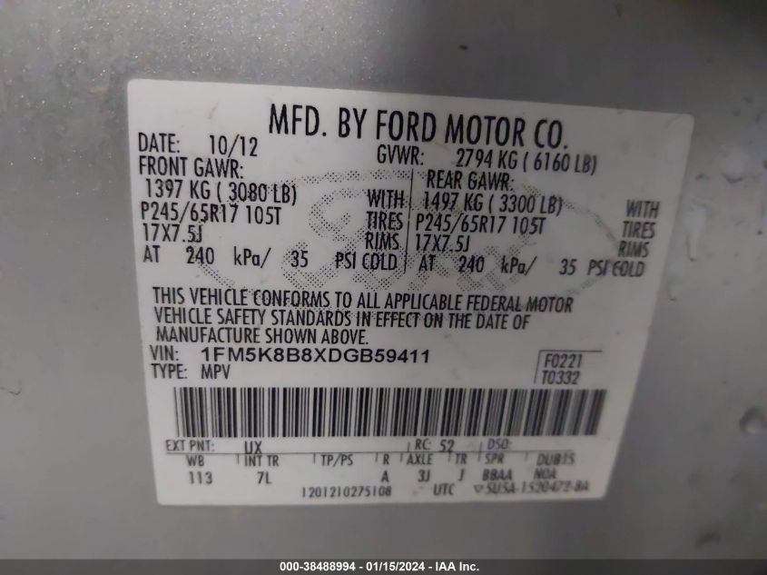 2013 FORD EXPLORER - 1FM5K8B8XDGB59411