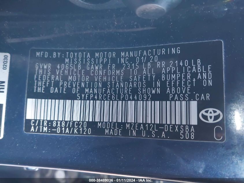 2020 TOYOTA COROLLA SE - 5YFP4RCE6LP044092