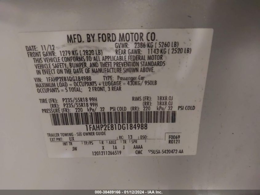 2013 FORD TAURUS SEL - 1FAHP2E81DG184988