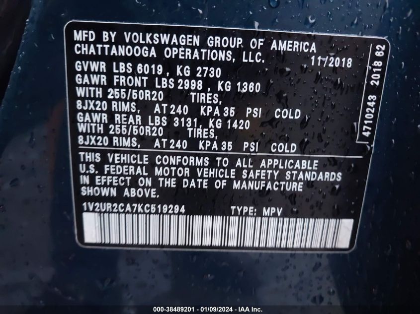 2019 VOLKSWAGEN ATLAS 3.6L V6 SE W/TECHNOLOGY - 1V2UR2CA7KC519294
