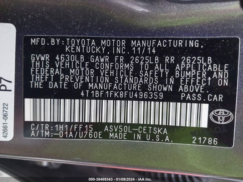 2015 TOYOTA CAMRY SE - 4T1BF1FK8FU496359