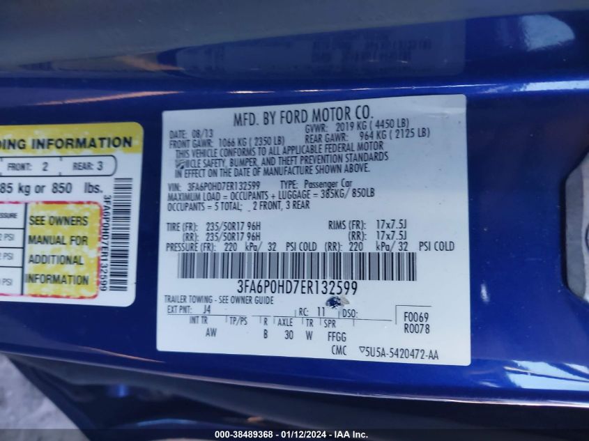 2014 FORD FUSION SE - 3FA6P0HD7ER132599