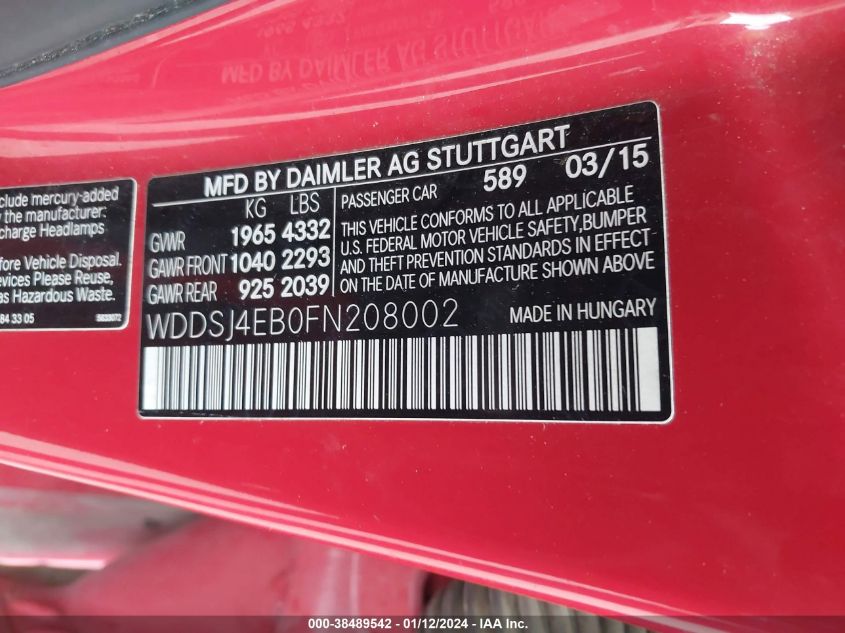 2015 MERCEDES-BENZ CLA 250 - WDDSJ4EB0FN208002