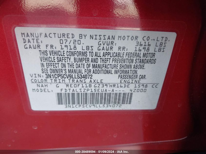 2020 NISSAN KICKS SV XTRONIC CVT - 3N1CP5CV9LL534072