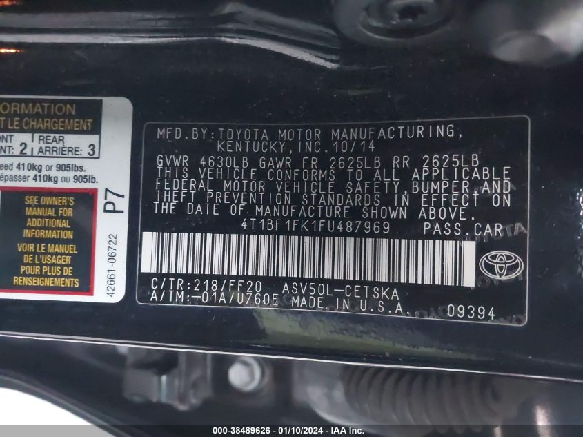 2015 TOYOTA CAMRY SE - 4T1BF1FK1FU487969