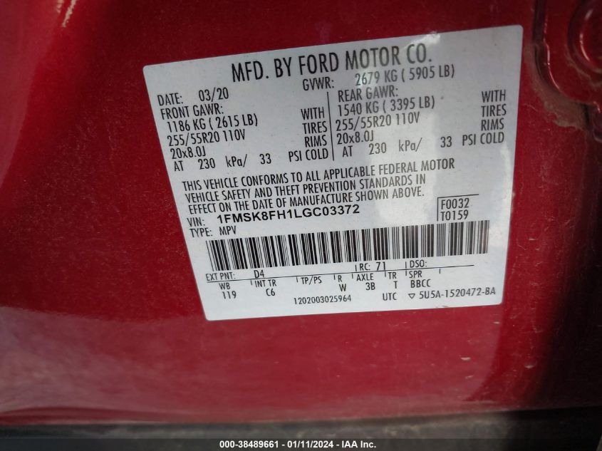 2020 FORD EXPLORER LIMITED - 1FMSK8FH1LGC03372