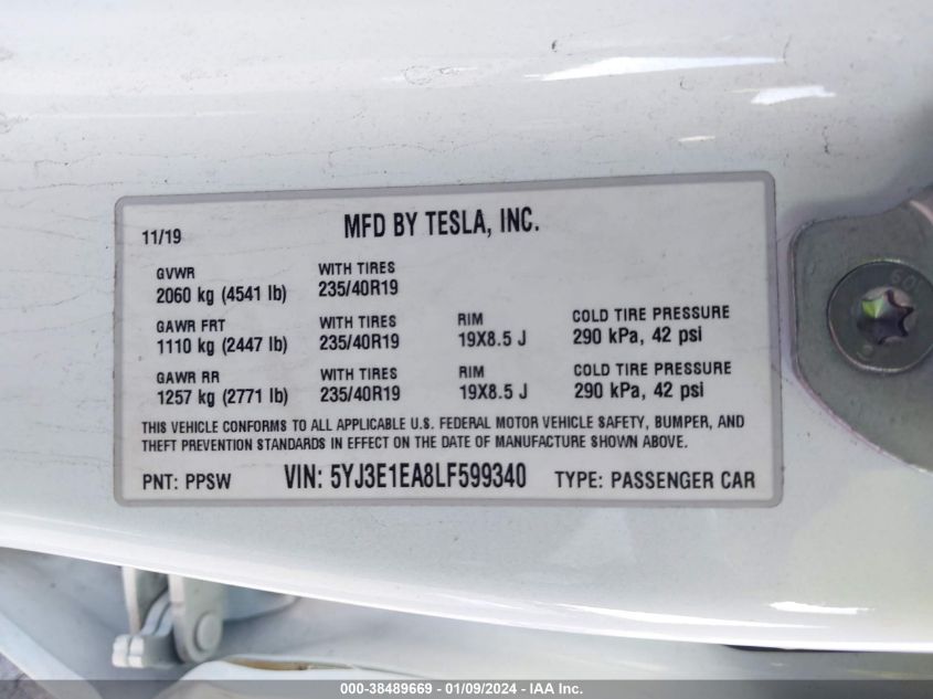 2020 TESLA MODEL 3 STANDARD RANGE PLUS REAR-WHEEL DRIVE/STANDARD RANGE REAR-WHEEL DRIVE - 5YJ3E1EA8LF599340