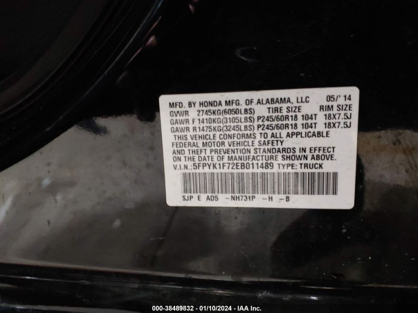 2014 HONDA RIDGELINE SPORT - 5FPYK1F72EB011489