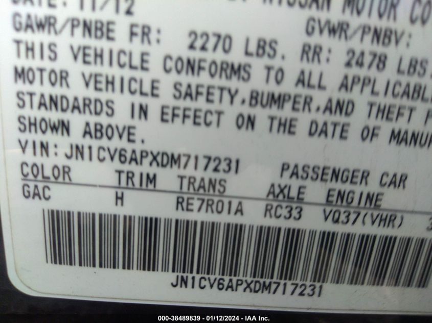 2013 INFINITI G37 JOURNEY JN1CV6APXDM717231