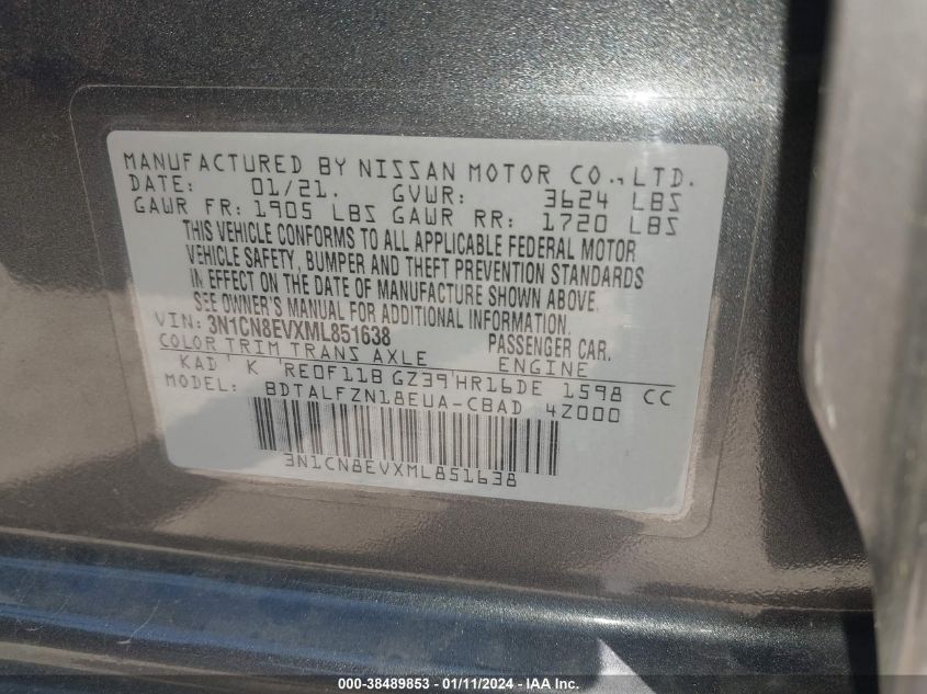 2021 NISSAN VERSA SV XTRONIC CVT - 3N1CN8EVXML851638