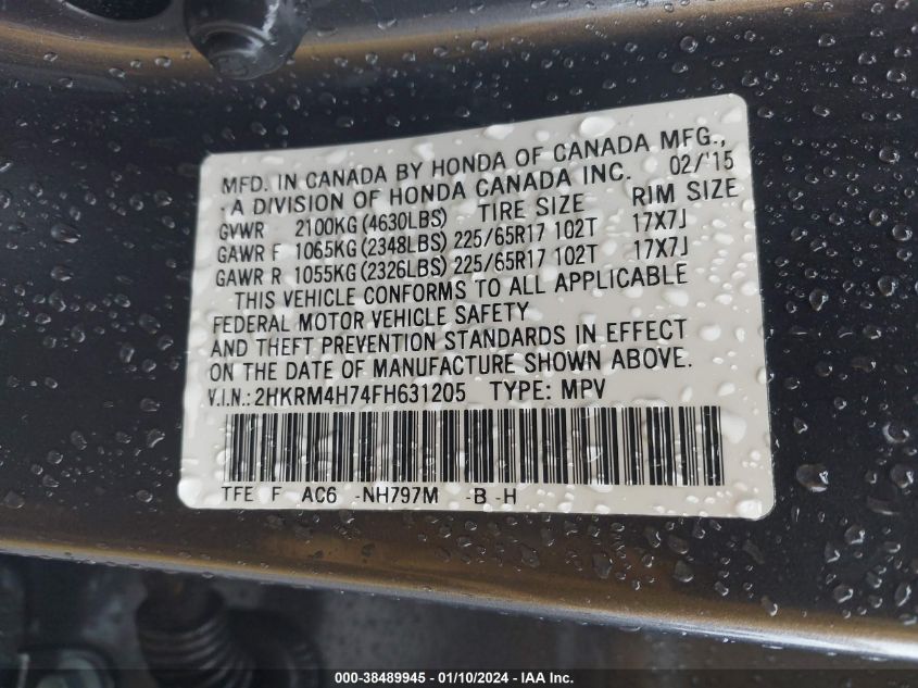 2015 HONDA CR-V EXL - 2HKRM4H74FH631205