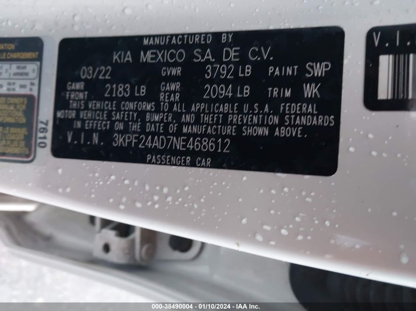 2022 KIA FORTE FE/LXS - 3KPF24AD7NE468612