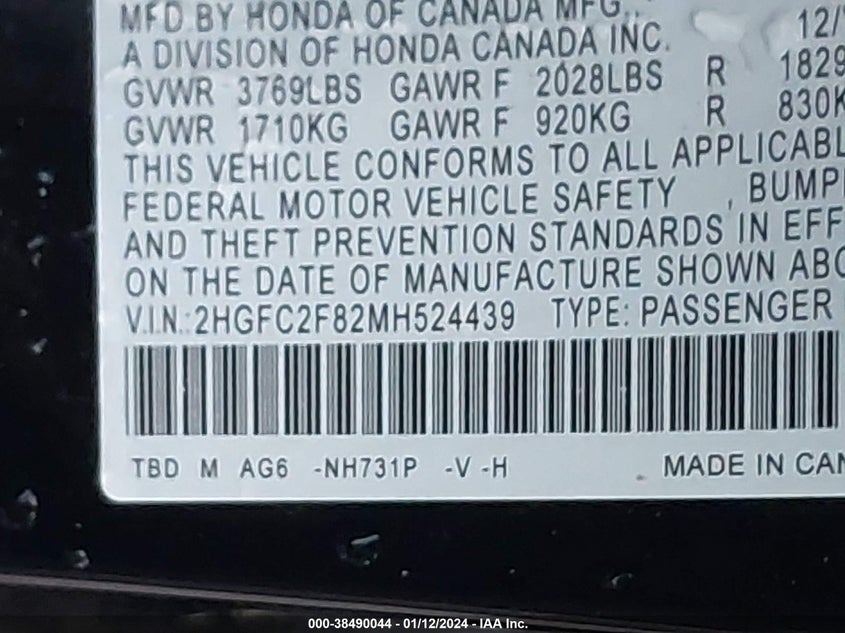 VIN 2HGFC2F82MH524439 2021 HONDA CIVIC SPORT