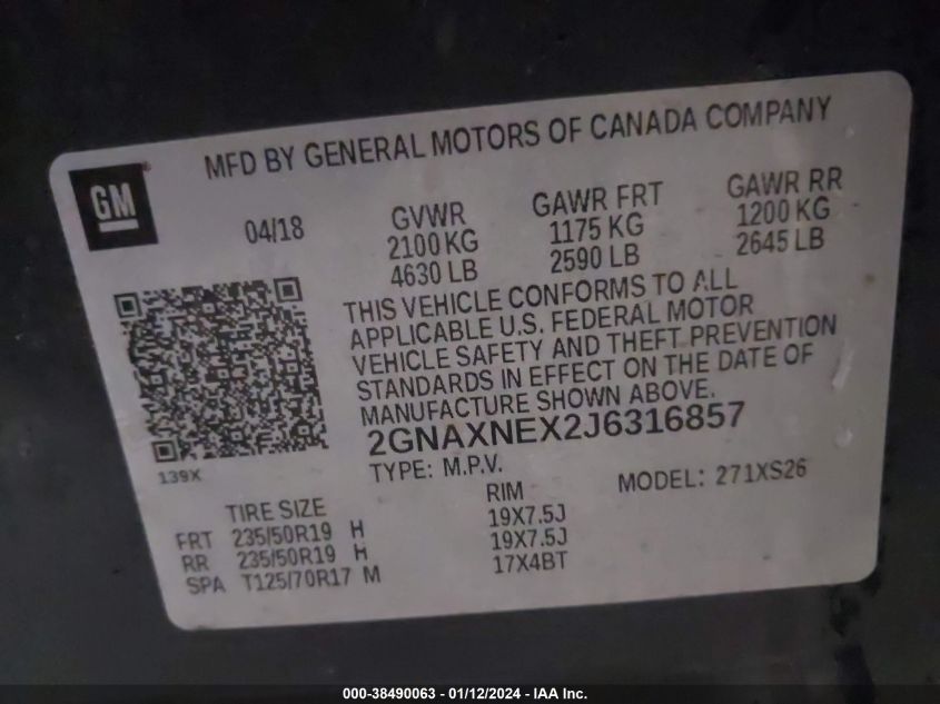 2018 CHEVROLET EQUINOX PREMIER - 2GNAXNEX2J6316857
