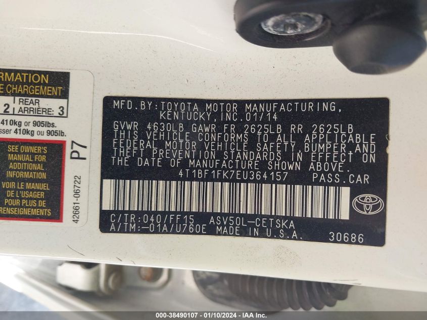 2014 TOYOTA CAMRY L/SE/LE/XLE - 4T1BF1FK7EU364157