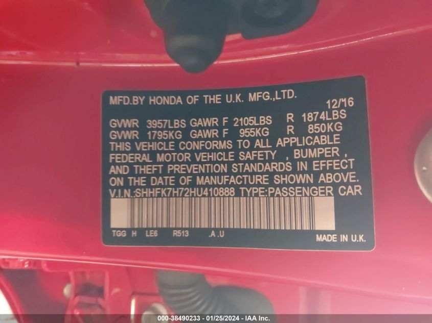 2017 HONDA CIVIC EXL - SHHFK7H72HU410888