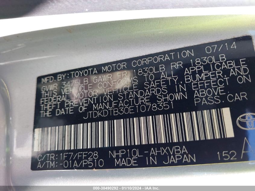 2014 TOYOTA PRIUS C - JTDKDTB30E1078351
