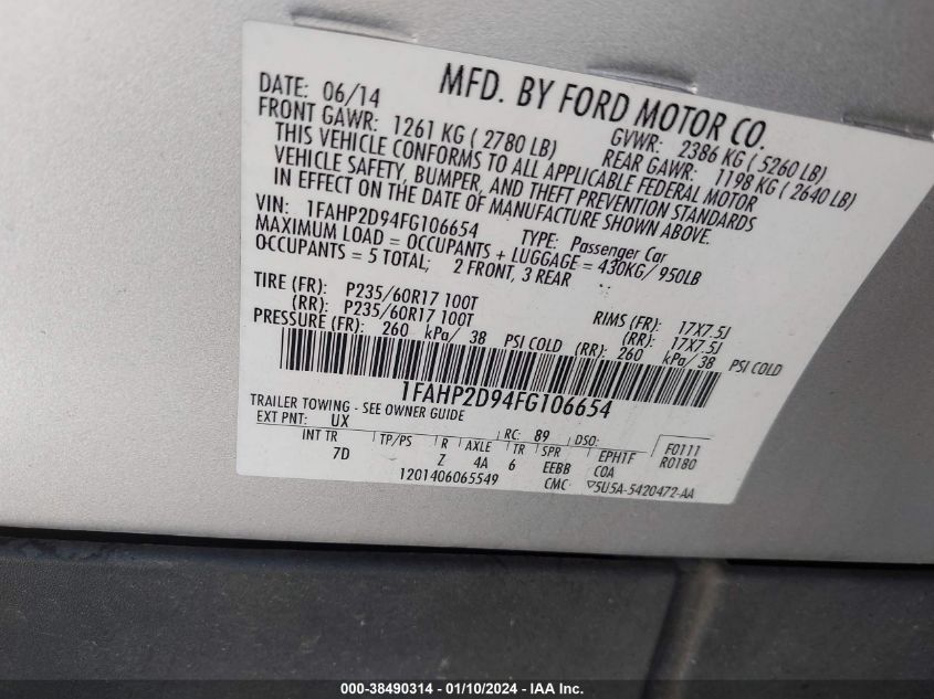 2015 FORD TAURUS SE - 1FAHP2D94FG106654