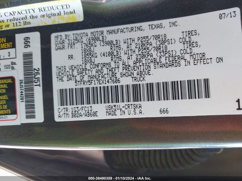 2014 TOYOTA TUNDRA SR5 5.7L V8 - 5TFRY5F17EX147606