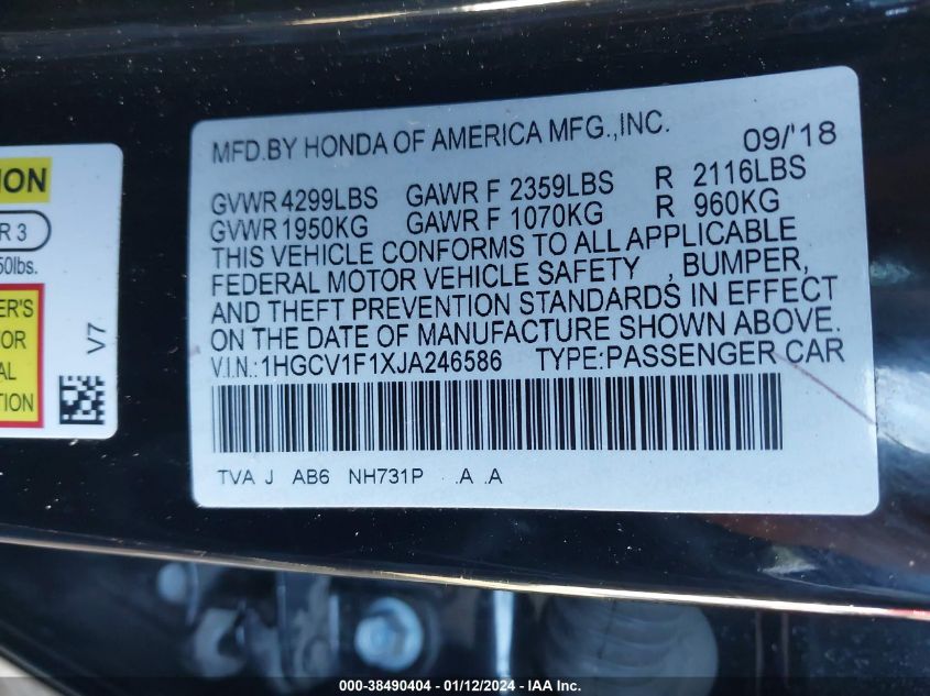 2018 HONDA ACCORD LX - 1HGCV1F1XJA246586
