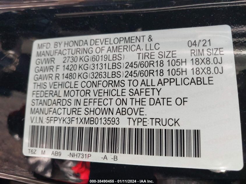 2021 HONDA RIDGELINE AWD SPORT 5FPYK3F1XMB013593