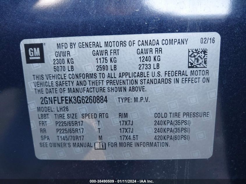 2016 CHEVROLET EQUINOX LT - 2GNFLFEK3G6260884