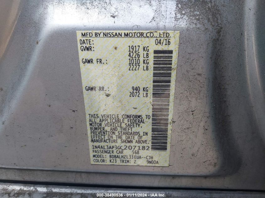 2016 NISSAN ALTIMA 2.5/S/SV/SL/SR - 1N4AL3AP3GC207182