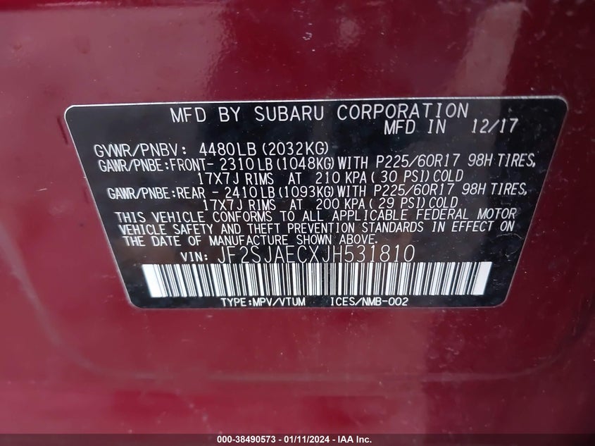 VIN JF2SJAECXJH531810 2018 SUBARU FORESTER 2.5I PREMIUM