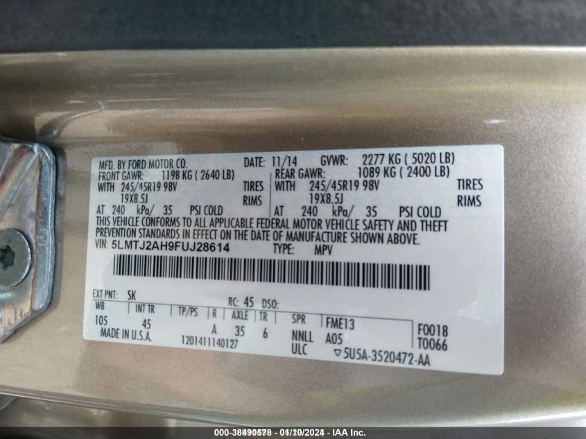 2015 LINCOLN MKC - 5LMTJ2AH9FUJ28614