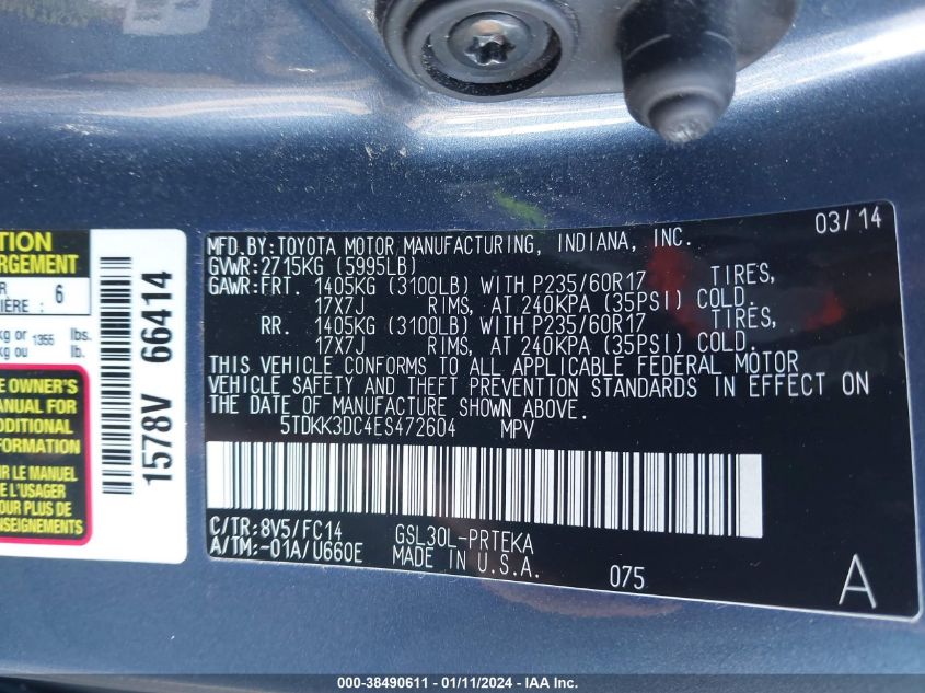 2014 TOYOTA SIENNA LE V6 8 PASSENGER - 5TDKK3DC4ES472604