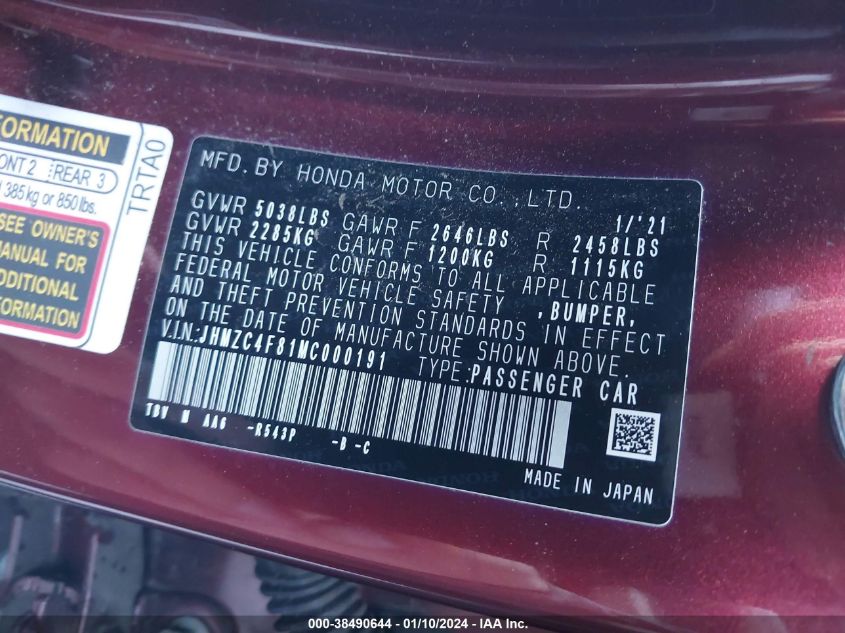 2021 HONDA CLARITY FUEL CELL CLARITY JHMZC4F81MC000191