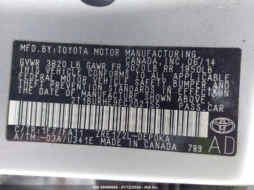 2014 TOYOTA COROLLA L/LE/LE PLS/PRM/S/S PLS - 2T1BURHE9EC202155