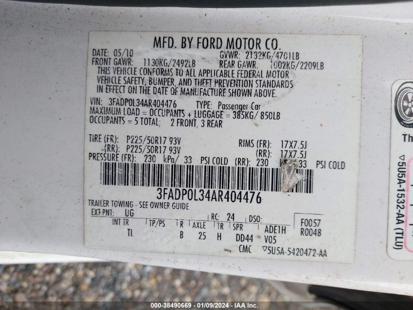 3FADP0L34AR404476 | 2010 FORD FUSION HYBRID