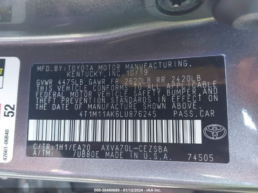 2020 TOYOTA CAMRY SE/SE NIGHT SHADE - 4T1M11AK6LU876245