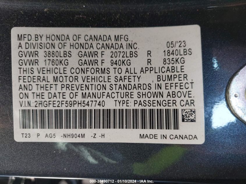 2023 HONDA CIVIC SPORT - 2HGFE2F59PH547740