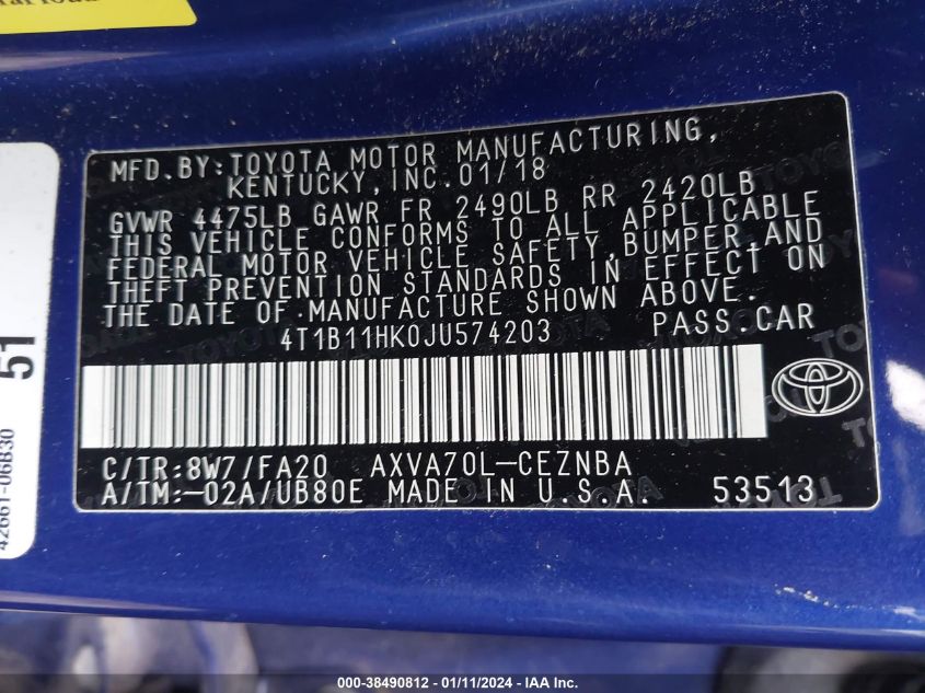 2018 TOYOTA CAMRY LE - 4T1B11HK0JU574203