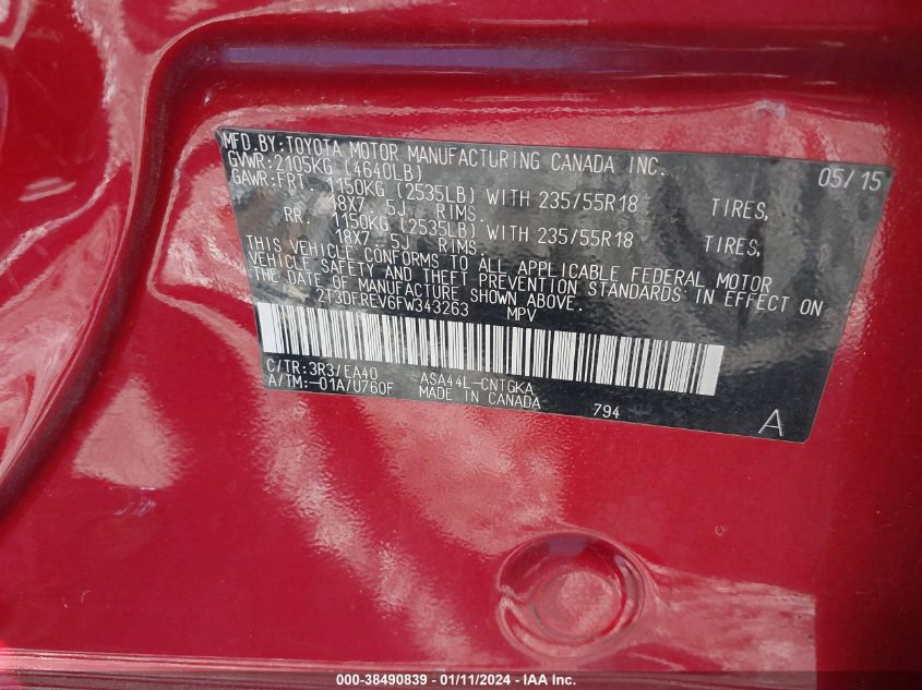 2015 TOYOTA RAV4 LIMITED - 2T3DFREV6FW343263