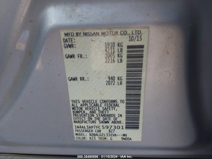 2015 NISSAN ALTIMA 2.5 S - 1N4AL3AP7FC597301