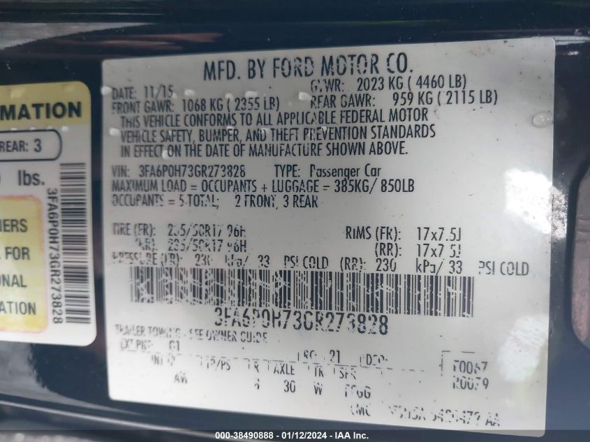 2016 FORD FUSION SE - 3FA6P0H73GR273828