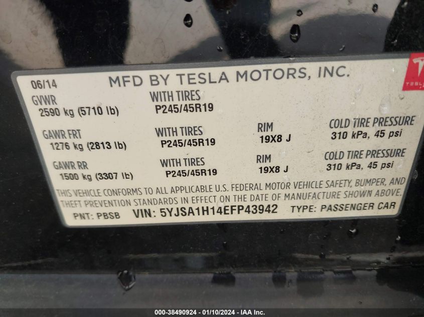 2014 TESLA MODEL S - 5YJSA1H14EFP43942
