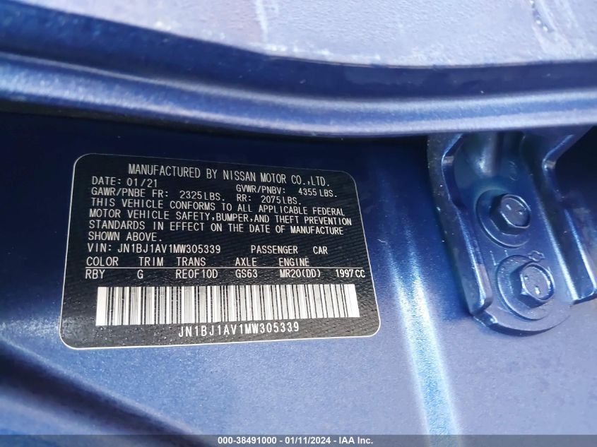2021 NISSAN ROGUE SPORT S FWD XTRONIC CVT - JN1BJ1AV1MW305339