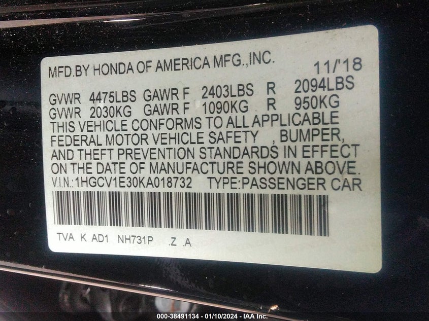 VIN 1HGCV1E30KA018732 2019 HONDA ACCORD SPORT